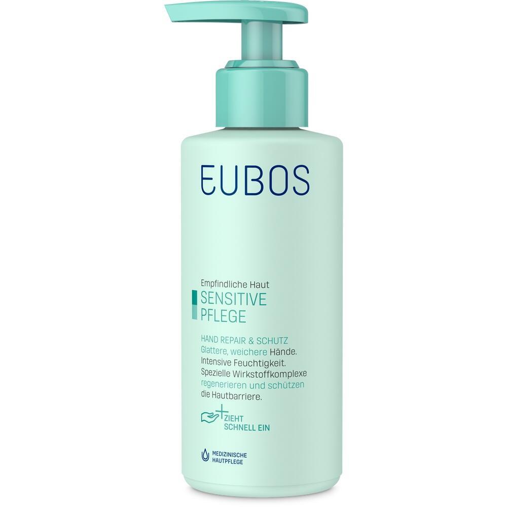 Mintfarbene Flasche mit einem Pumpspender, darauf steht "EUBOS Sensitive Pflege".