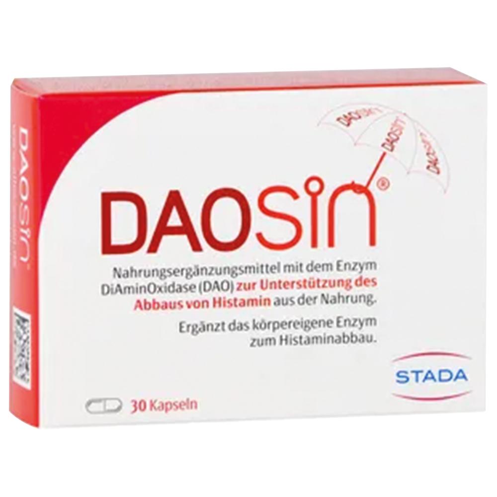 Eine Packung mit Nahrungserg&auml;nzungsmittel-Kapseln namens DAOsin von STADA.