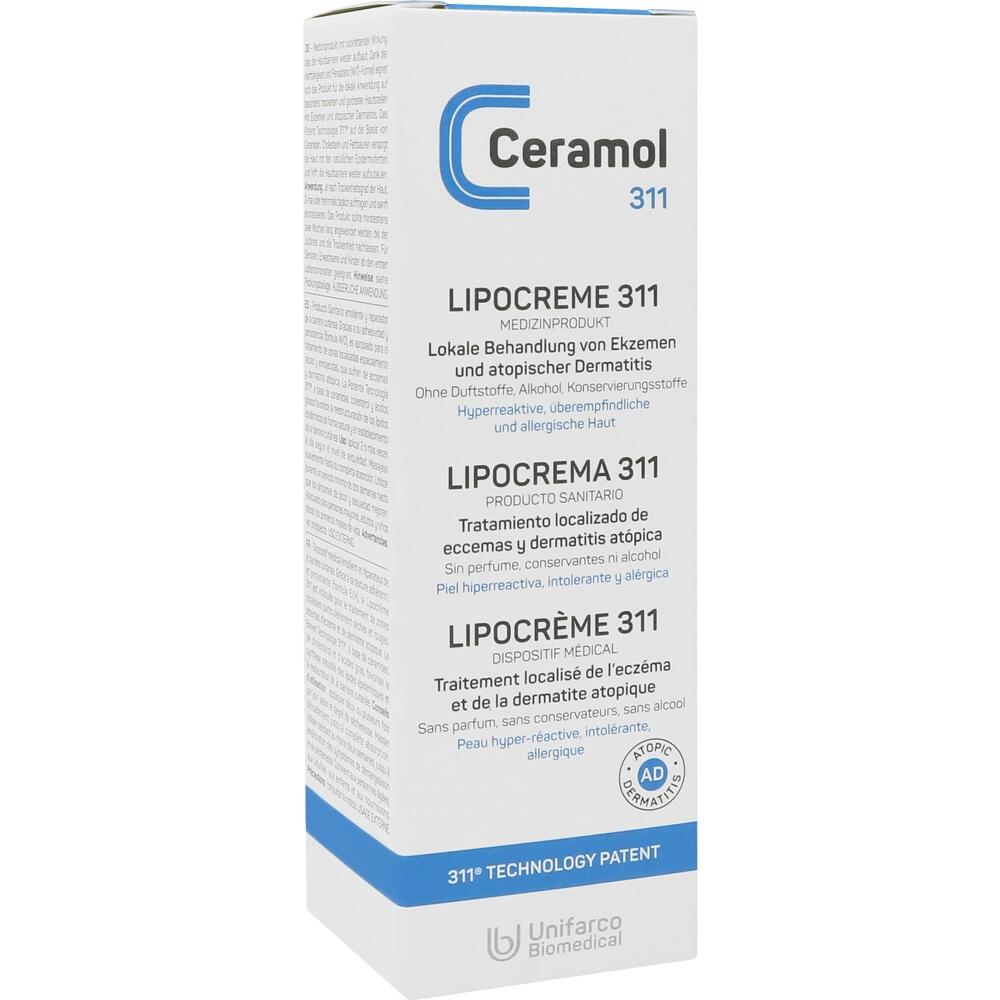 Eine wei&szlig;e Verpackung von Ceramol 311 Lipocreme gegen Ekzeme und Dermatitis.