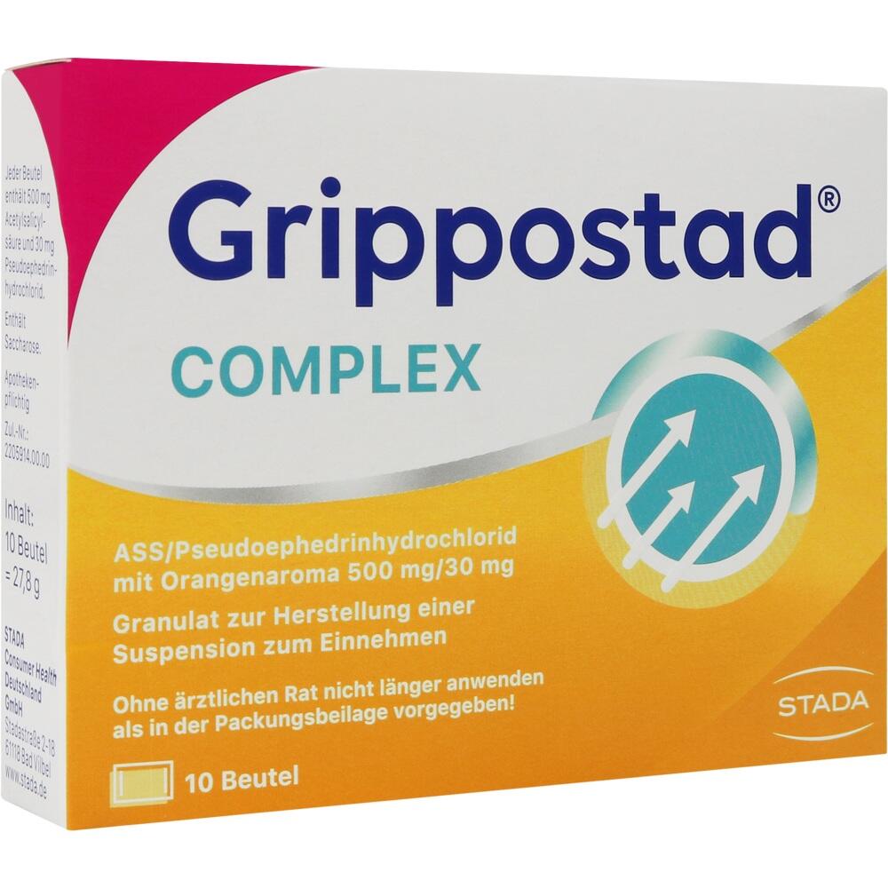 Verpackung von Grippostad Complex mit Orangenaroma zur Erk&auml;ltungsbehandlung.