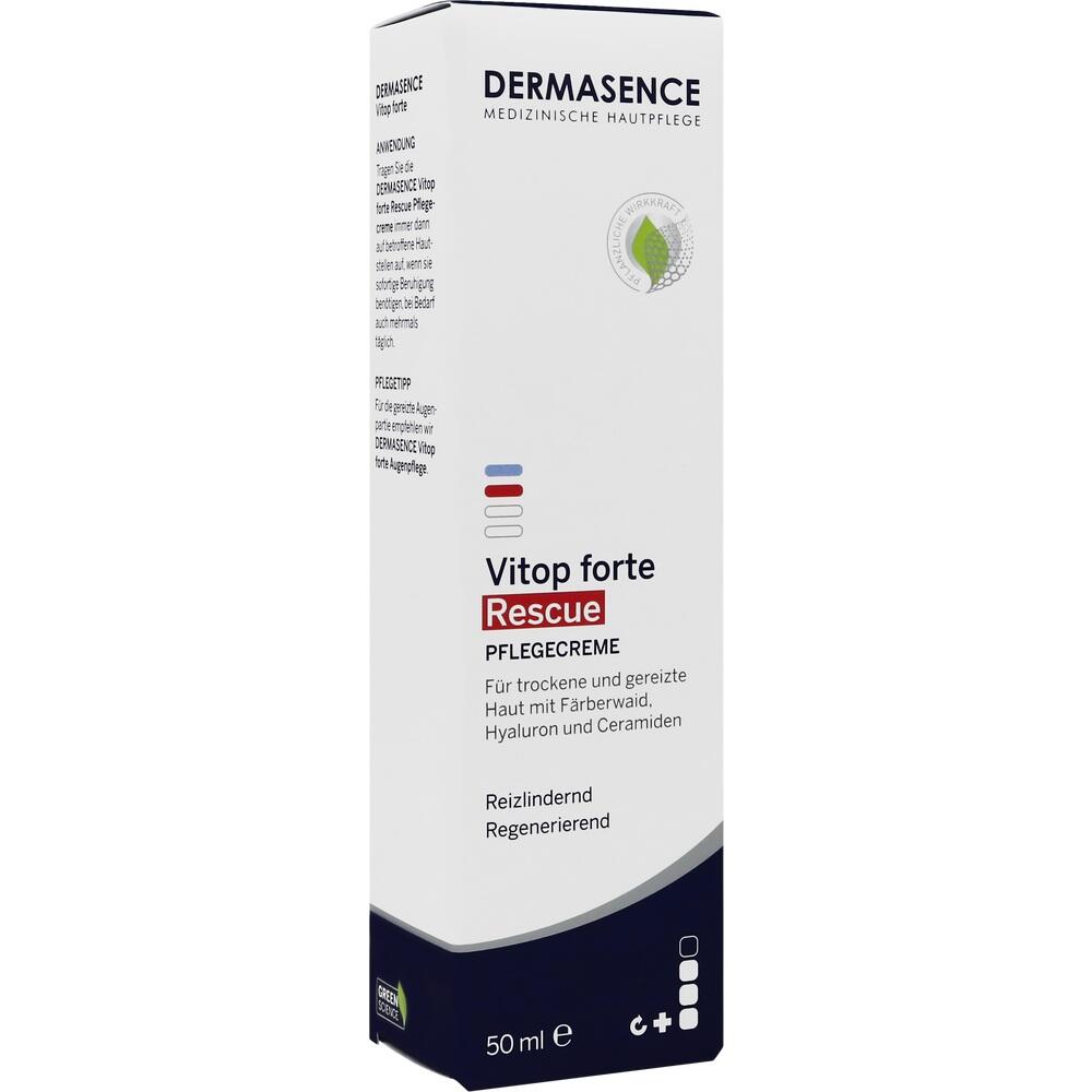 Wei&szlig;e Verpackung von Dermasence Vitop forte Rescue Pflegecreme f&uuml;r gereizte Haut.