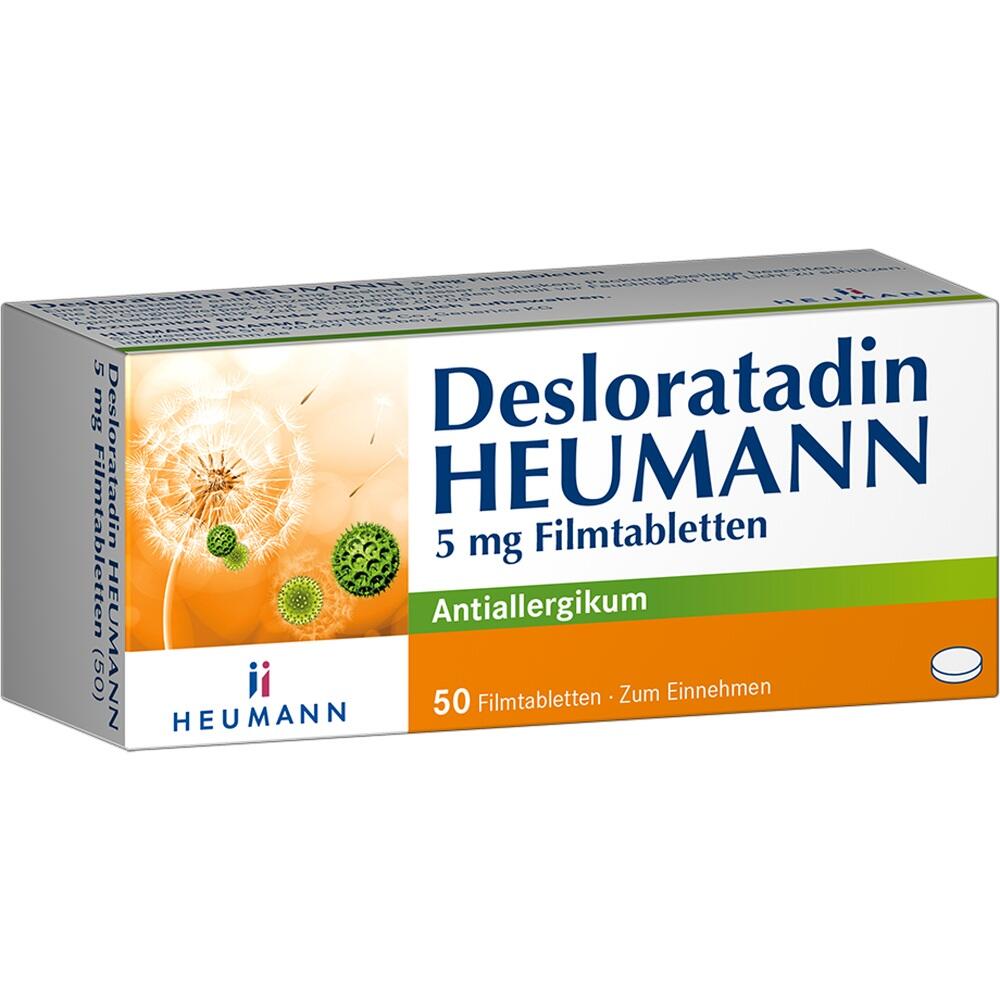 Packung Desloratadin Filmtabletten gegen Allergien, 50 Stück.