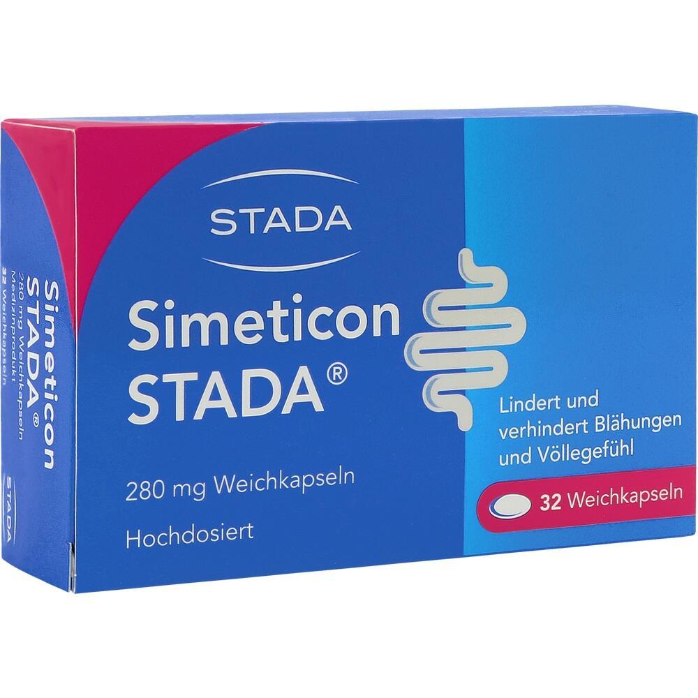 Blau-rote Verpackung von Simeticon STADA gegen Bl&auml;hungen, enth&auml;lt 32 Weichkapseln.