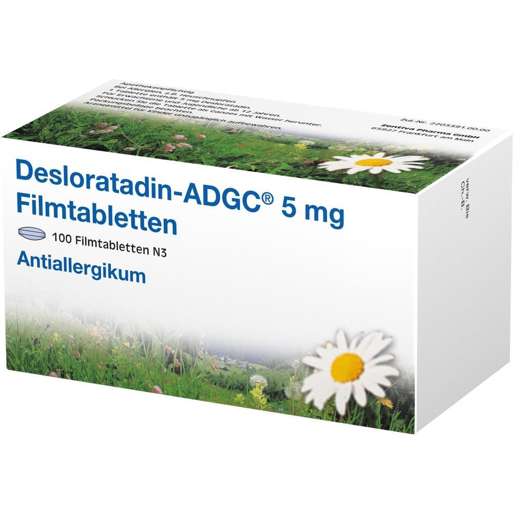 Eine Packung mit Desloratadin-Tabletten gegen Allergien, dekoriert mit Blumen.