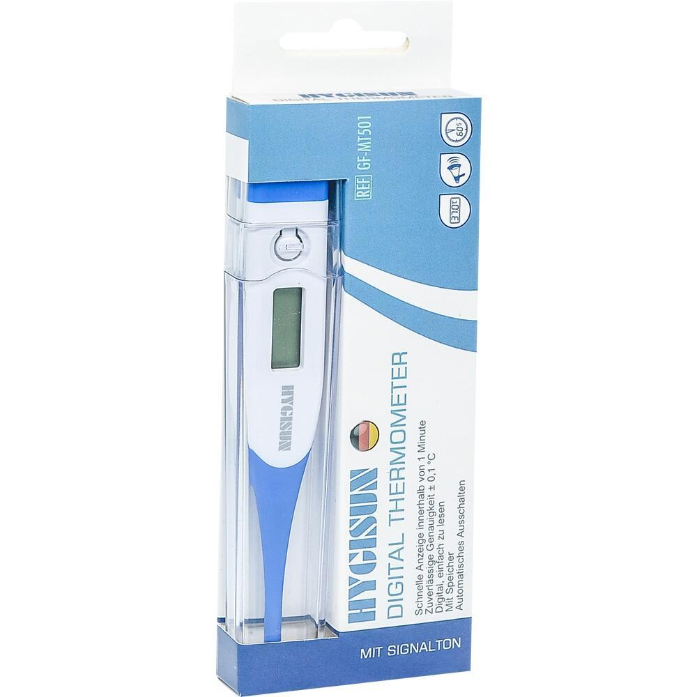 Eine blaue und weiße Verpackung mit einem digitalen Thermometer darin.