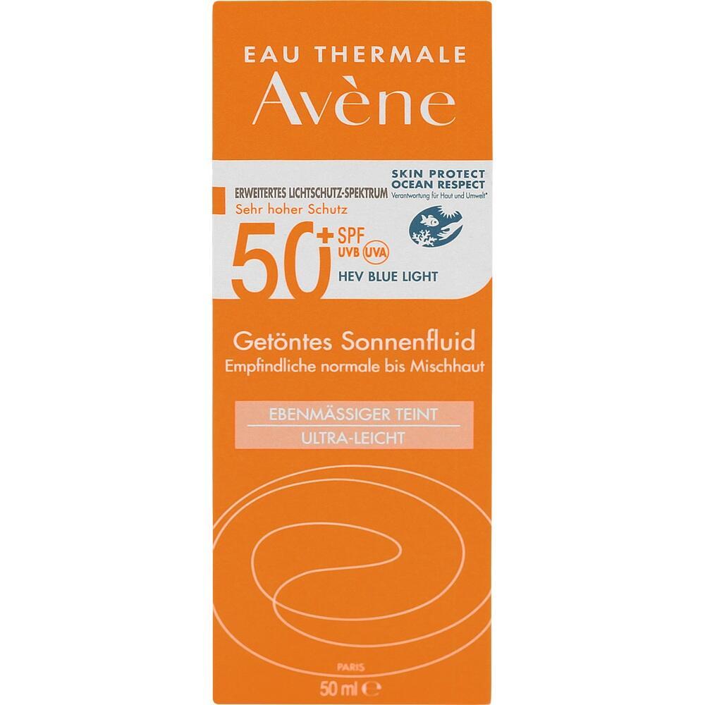 Orange Verpackung von Av&egrave;ne Sonnenfluid mit Lichtschutzfaktor 50+.