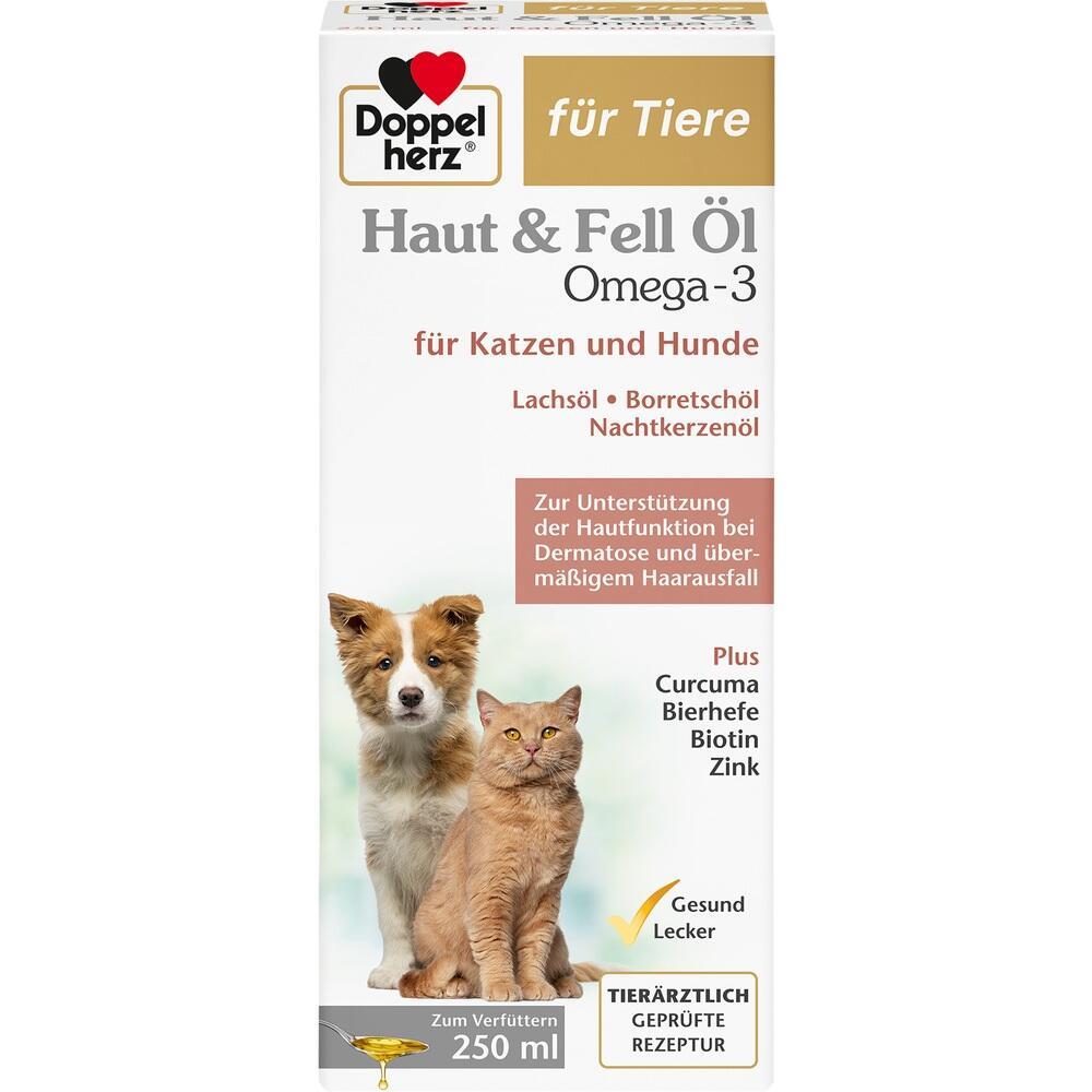 Eine Schachtel Haut- und Fell&ouml;l f&uuml;r Katzen und Hunde mit einem Hund und einer Katze darauf.