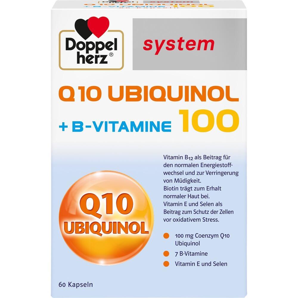 Eine Schachtel mit Nahrungserg&auml;nzungsmitteln von Doppelherz mit Q10 und B-Vitaminen.
