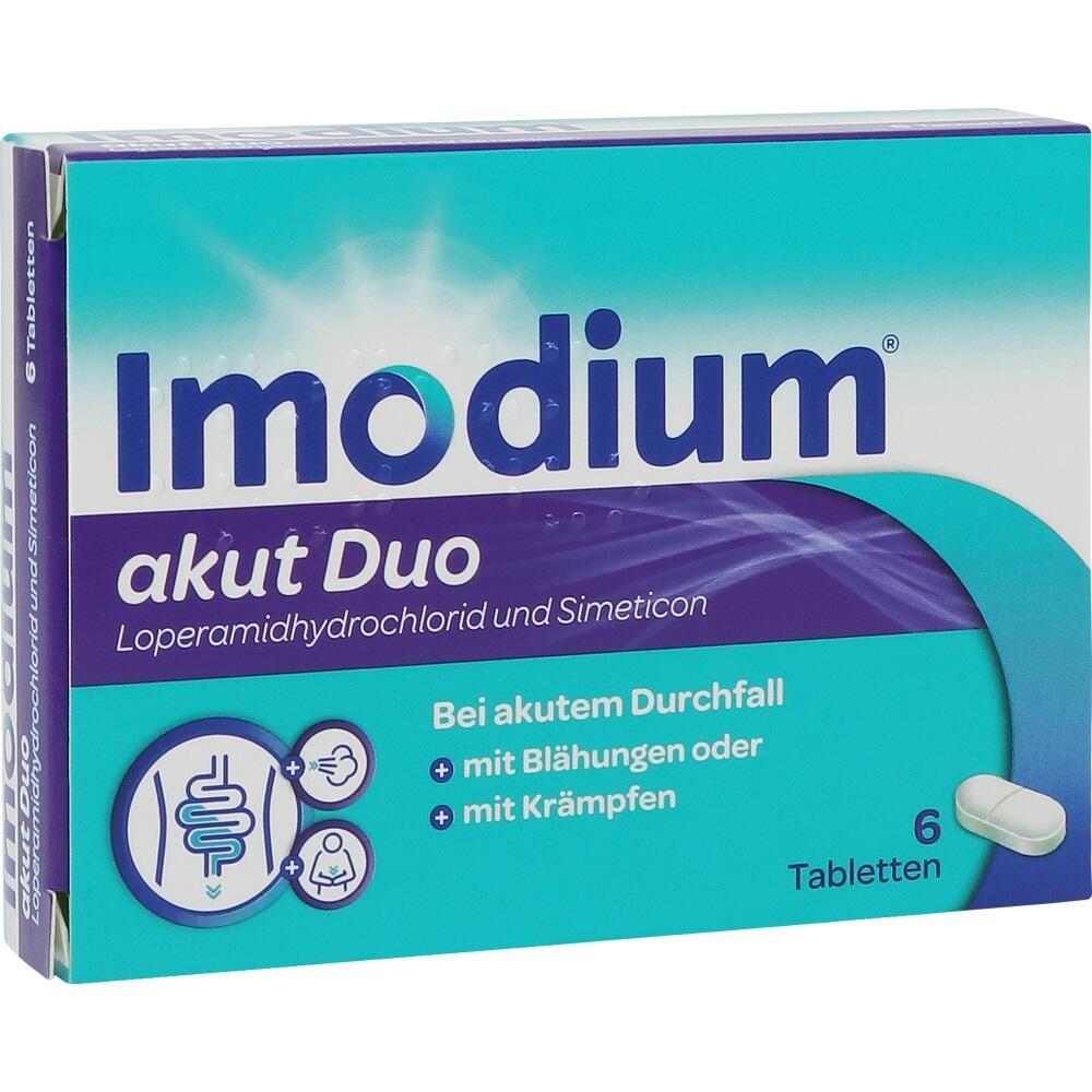 Verpackung von Imodium akut Duo Tabletten gegen Durchfall, Bl&auml;hungen und Kr&auml;mpfe.