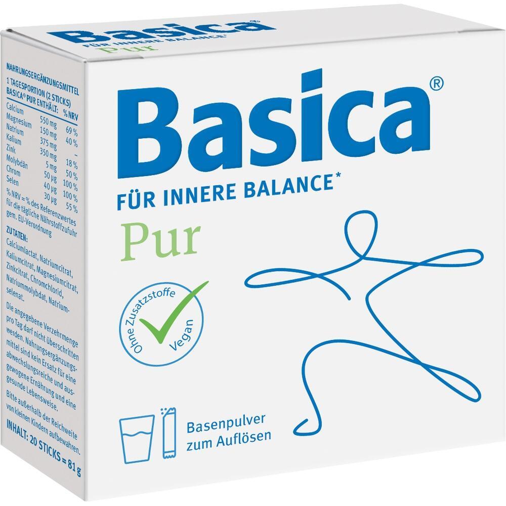 Weiße Packung mit blauem Text: Basenpulver für den Säure-Basen-Haushalt, vegan und ohne Zusatzstoffe.