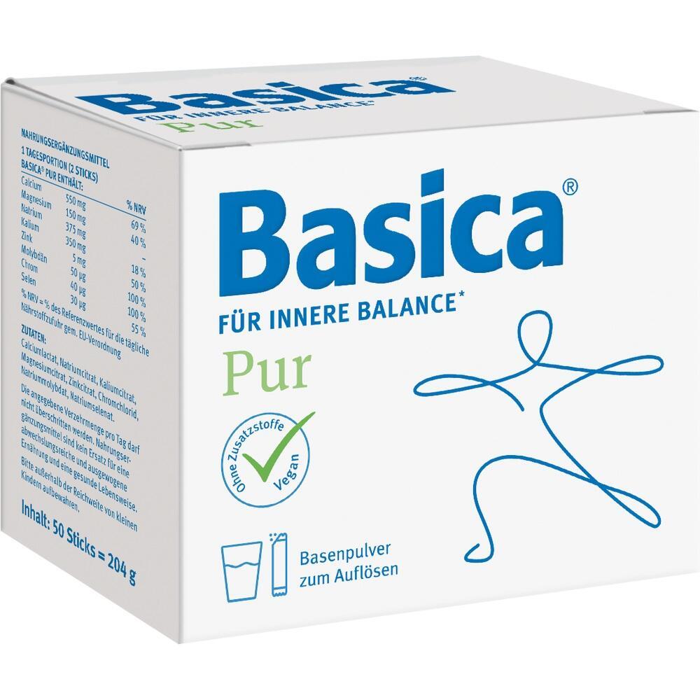 Weiße Packung mit dem blauen Schriftzug "Basica Pur" und Infos zu Basenpulver.