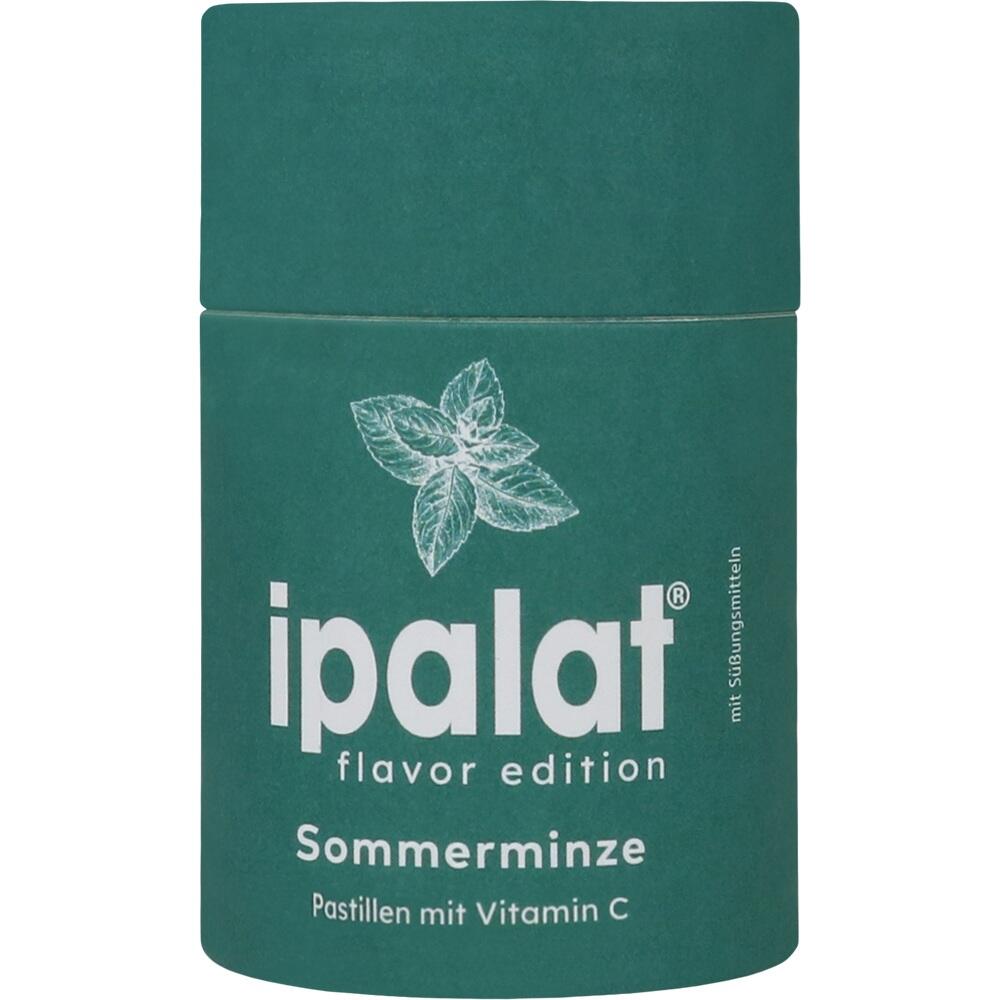 Gr&uuml;ne Dose mit Minzbl&auml;ttern und der Aufschrift "ipalat, Sommerminze, Pastillen mit Vitamin C".
