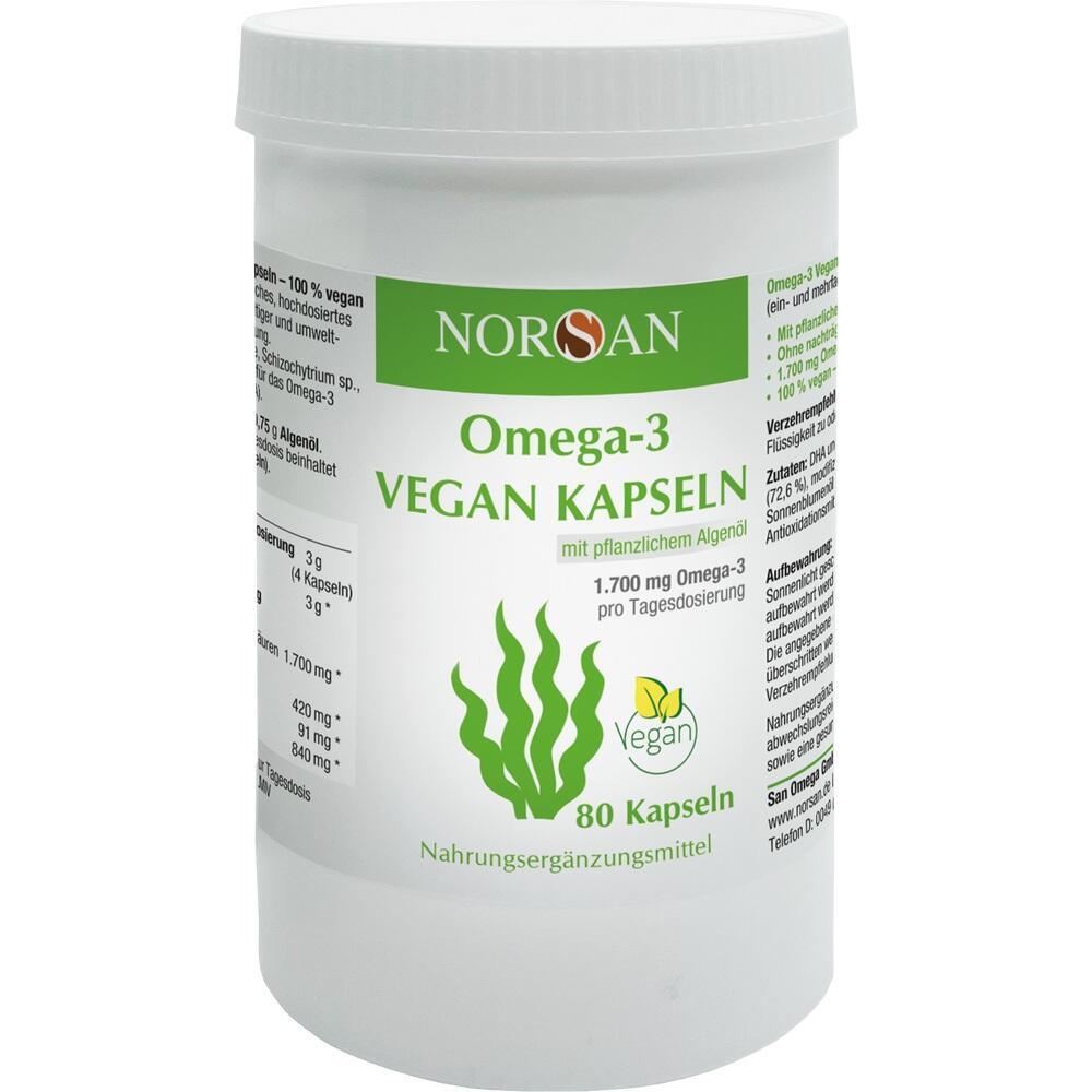 Wei&szlig;e Dose mit NORSAN Omega-3 Vegan Kapseln aus pflanzlichem Algen&ouml;l.