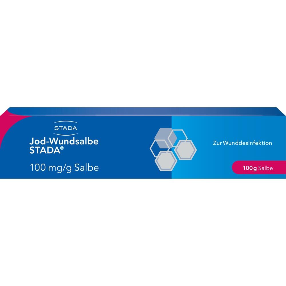 Eine blaue Verpackung von Jod-Wundsalbe zur Desinfektion von Wunden.