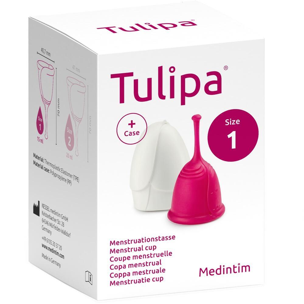 Die Verpackung zeigt eine Menstruationstasse in Pink und ein weißes Etui.