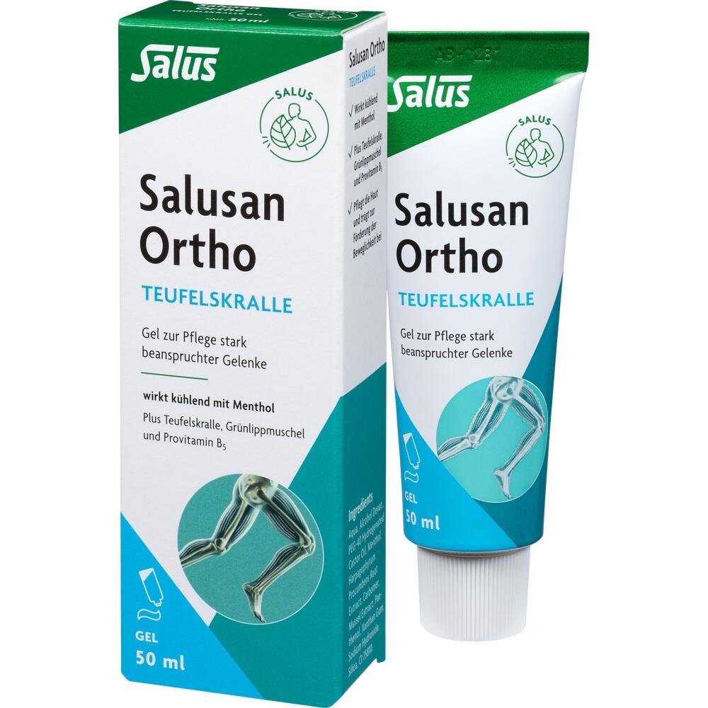 Eine gr&uuml;ne Tube und Verpackung von Gelenkpflegemittel, genannt "Salusan Ortho Teufelskralle".