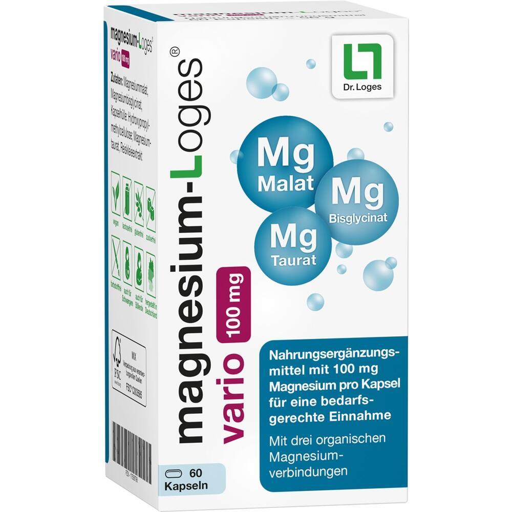 Verpackung von Magnesium-Loges Kapseln mit 100 mg Magnesium pro Kapsel.