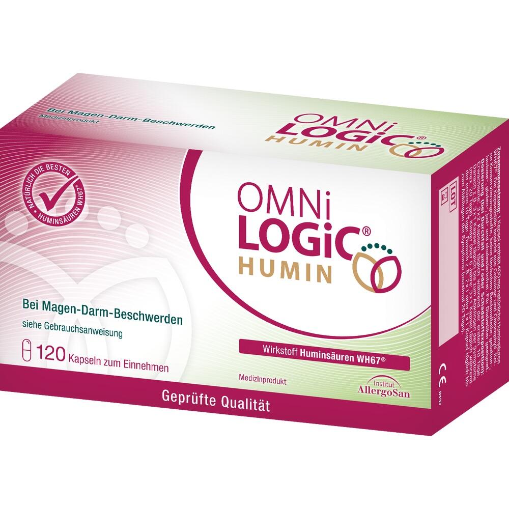 Verpackung von OMNi-LOGiC HUMIN f&uuml;r Magen-Darm-Beschwerden mit 120 Kapseln.