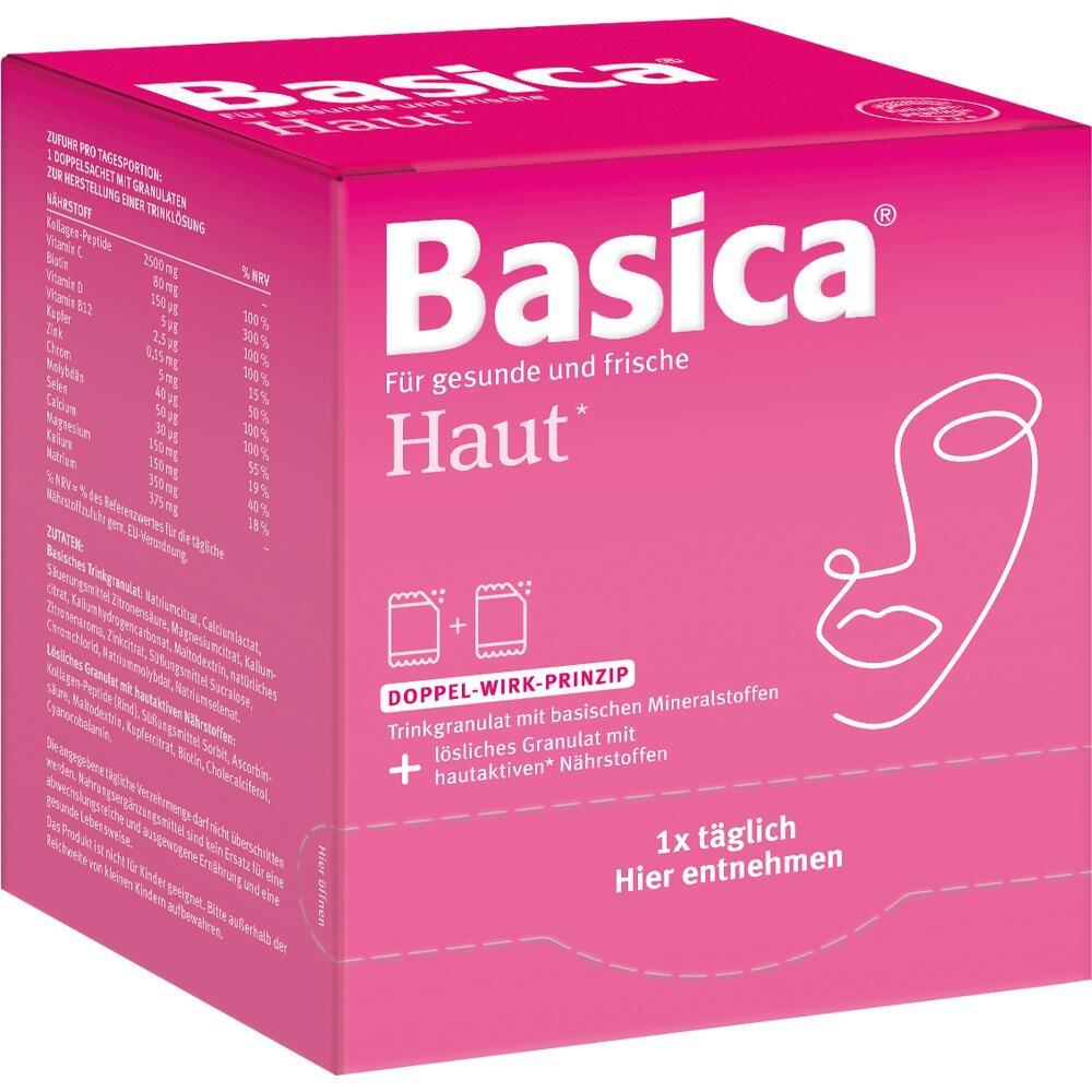 Eine pinke Verpackung von Basica Haut, einem Trinkgranulat für gesunde Haut.