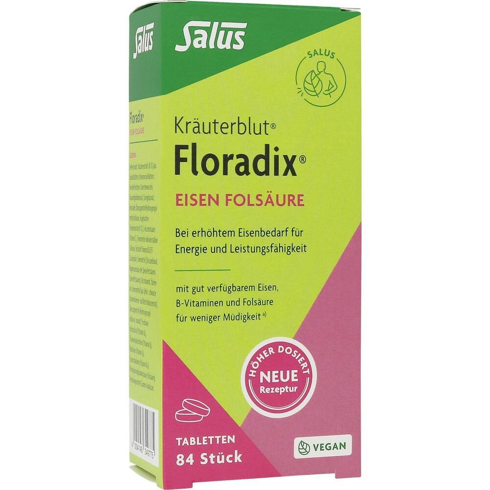 Schachtel mit Floradix Kr&auml;uterblut Tabletten f&uuml;r Eisen und Fols&auml;ure, vegan, 84 St&uuml;ck.