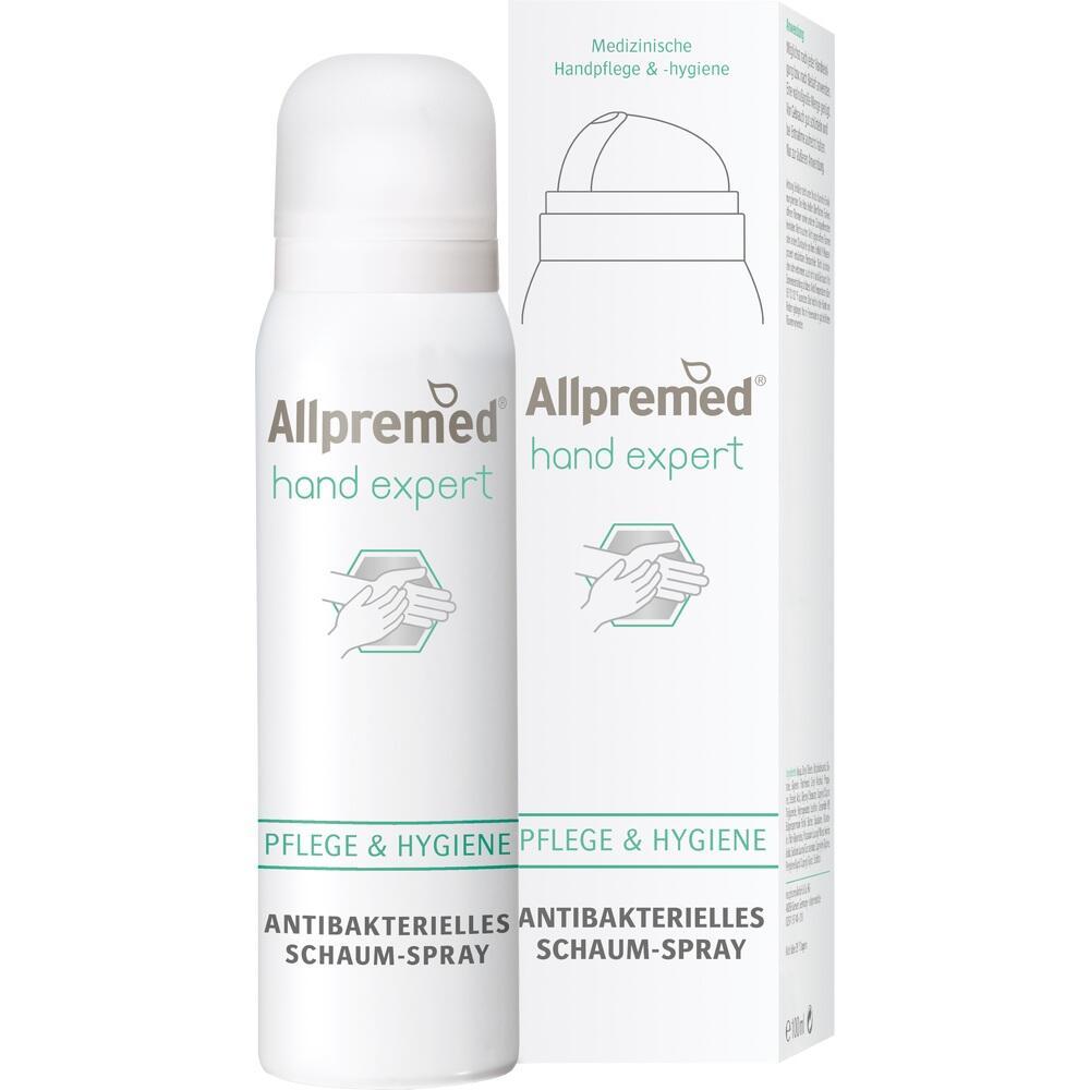 Eine Flasche antibakterielles Schaum-Spray für Händehygiene steht neben ihrer Verpackung.