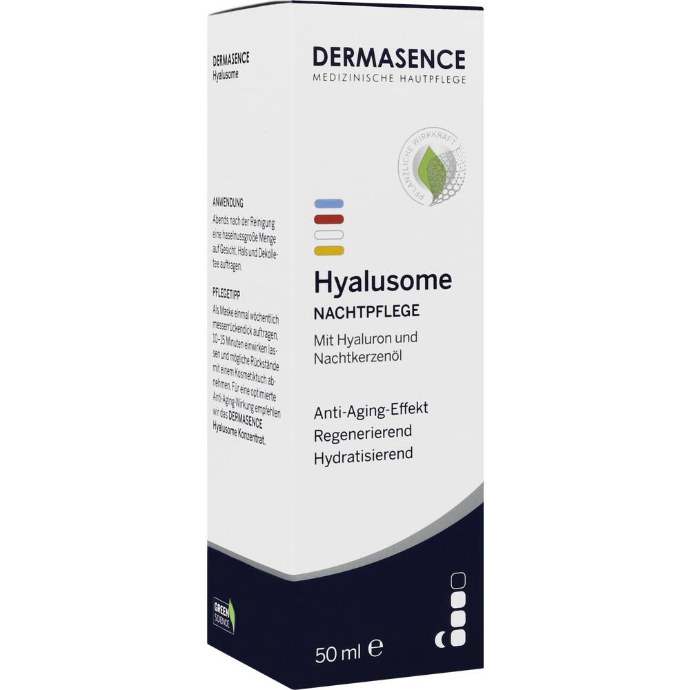 Wei&szlig;e Verpackung mit der Aufschrift "Hyalusome Nachtpflege" und Pflegehinweisen.