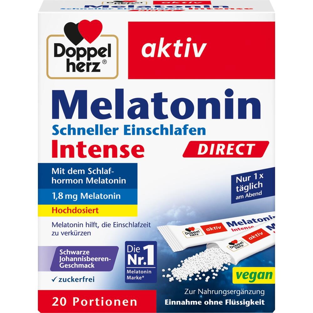 Packung von Melatonin-Sticks f&uuml;r schnelleres Einschlafen, vegan, mit Johannisbeerengeschmack.