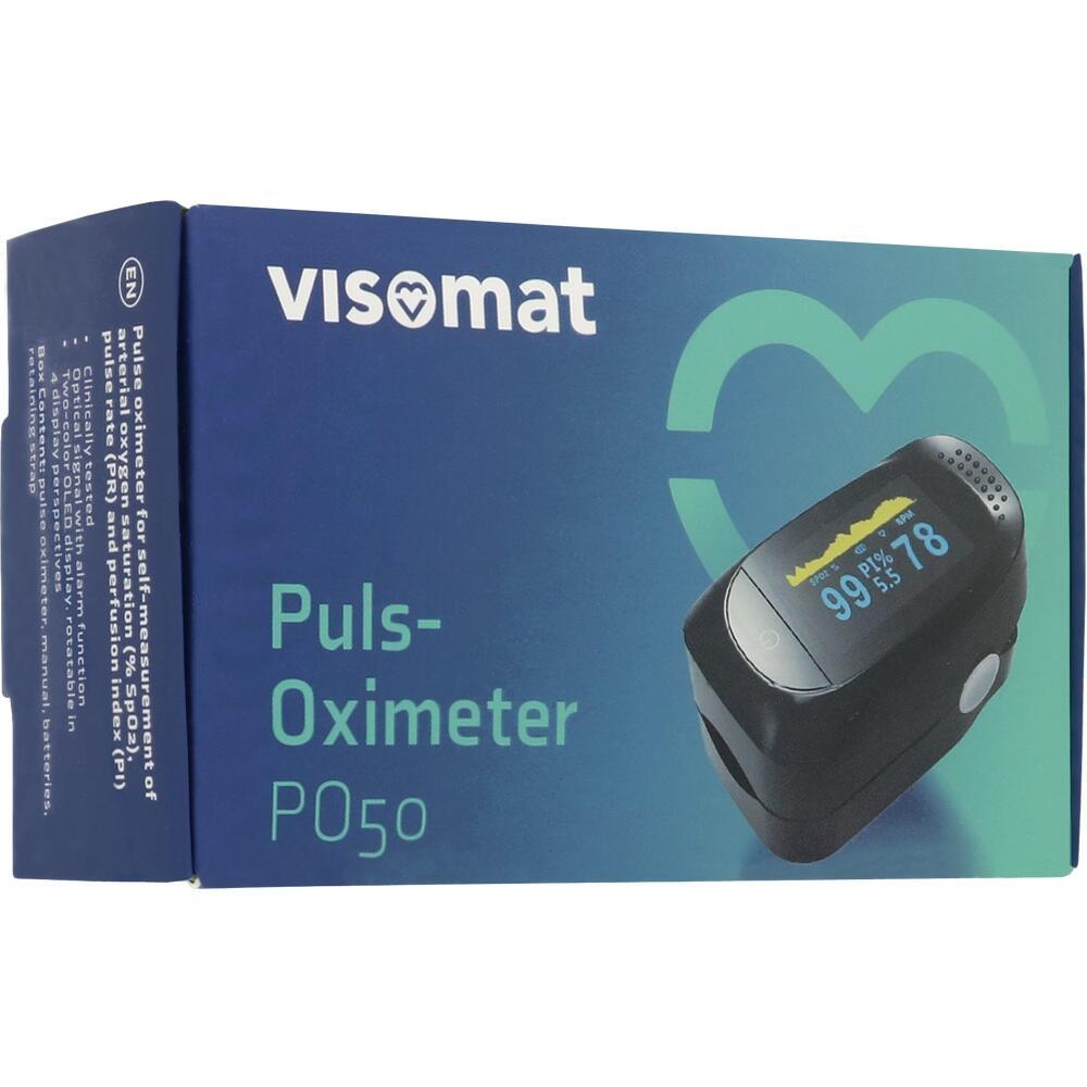 Die Verpackung zeigt einen Puls-Oximeter mit digitaler Anzeige.
