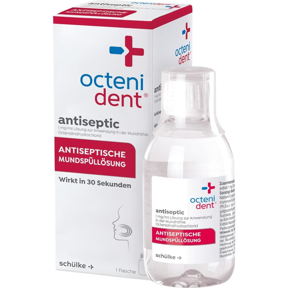 Eine Flasche und eine Verpackung mit antiseptischer Mundspülung.