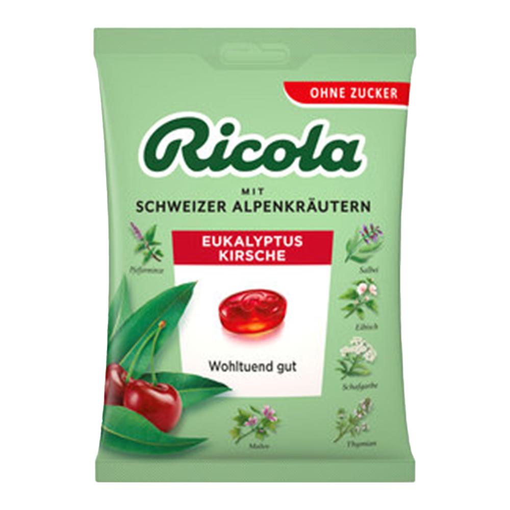 Gr&uuml;ne Ricola-Packung mit Eukalyptus und Kirsche Geschmack, ohne Zucker.