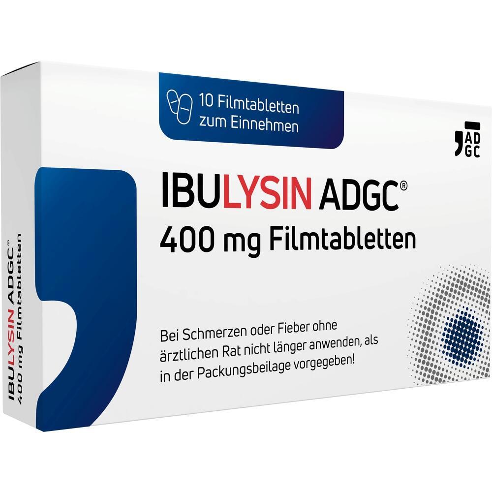 Packung IbuLysin ADGC 400 mg Tabletten gegen Schmerzen und Fieber.