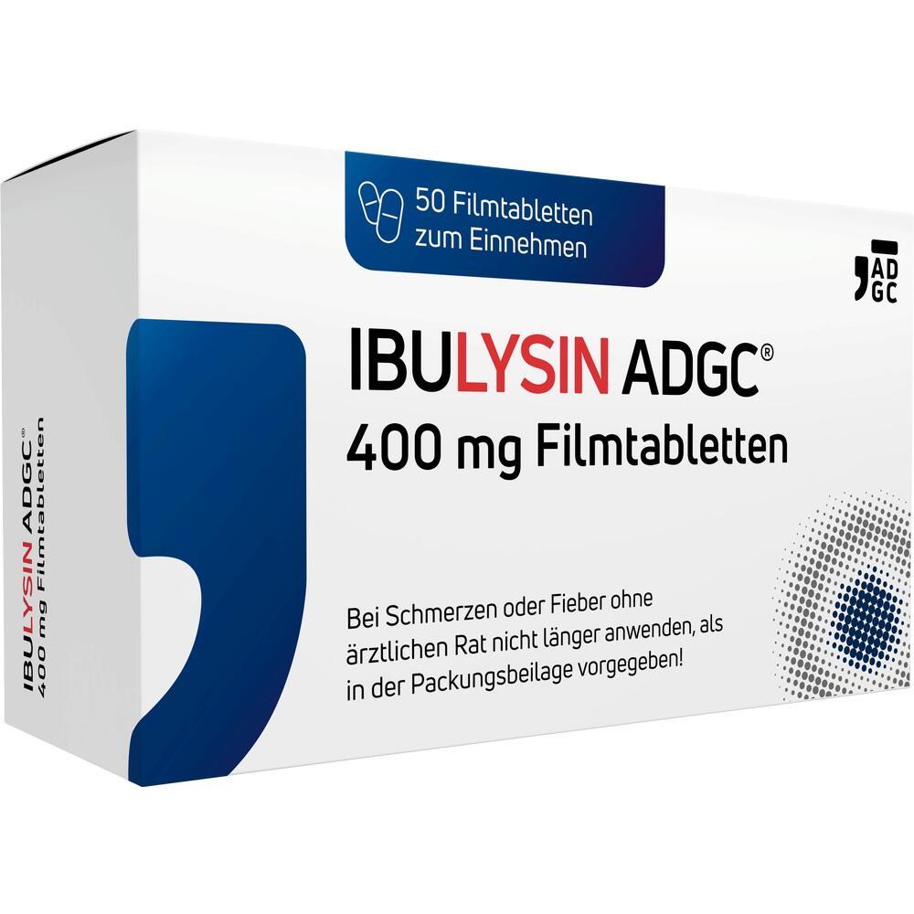 Wei&szlig;e Medikamentenverpackung mit der Aufschrift "IBULYSIN ADGC 400 mg Filmtabletten".