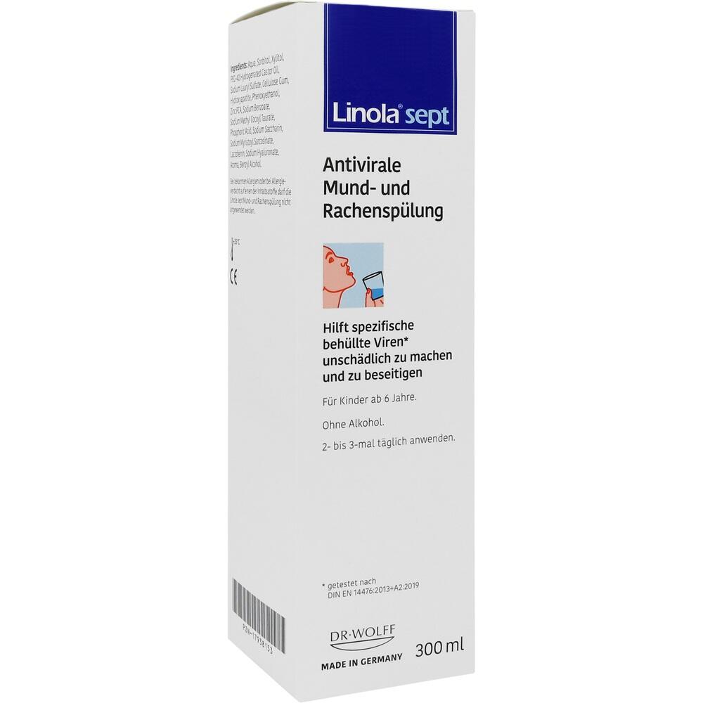 Wei&szlig;e Verpackung mit antiviraler Mund- und Rachensp&uuml;lung von Linola sept.