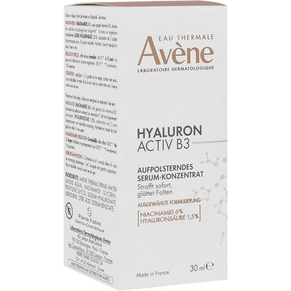 Wei&szlig;e Packung eines Hyaluron-Serums von Av&egrave;ne mit beschreibendem Text.