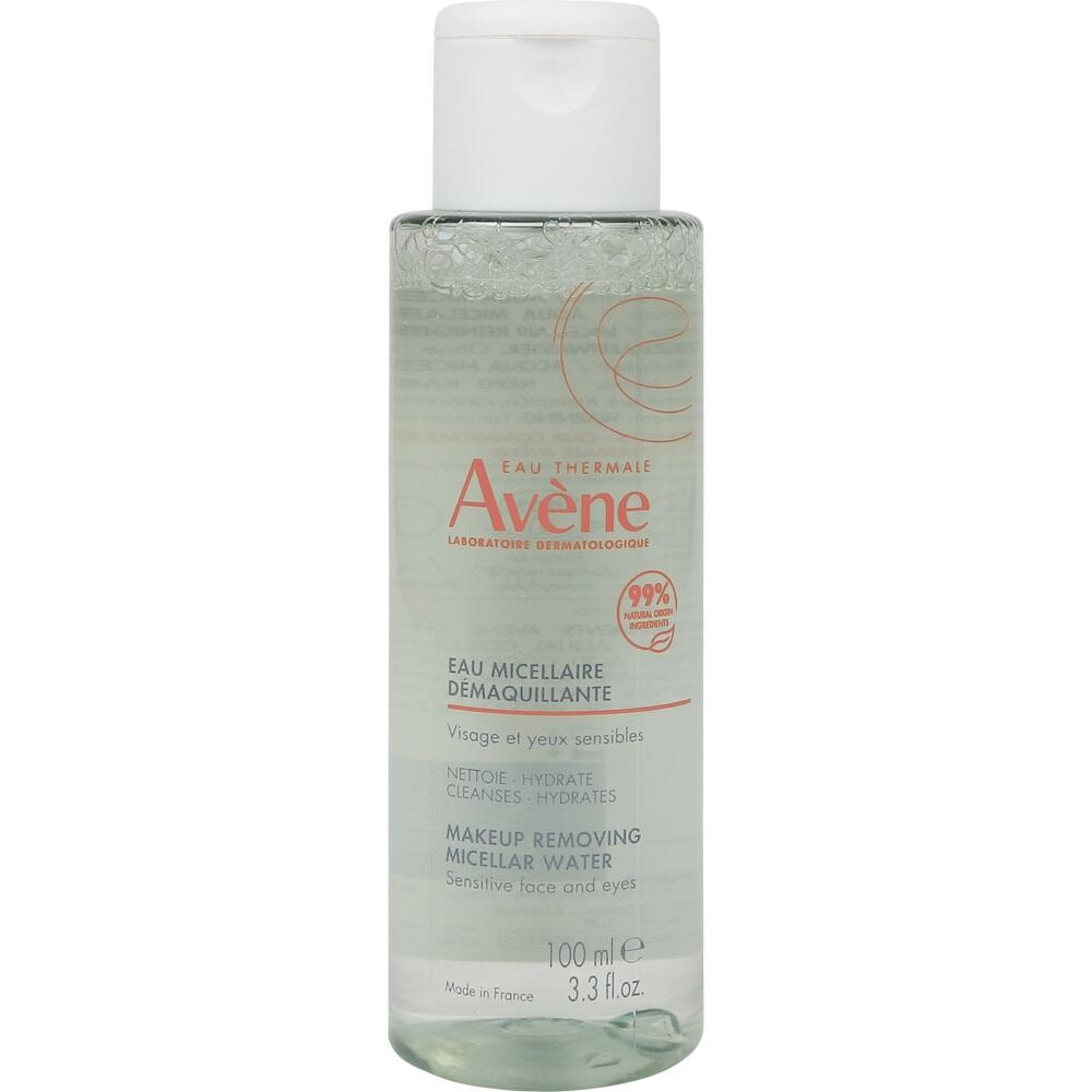 Eine durchsichtige Flasche mit dem Aufdruck "Av&egrave;ne" enth&auml;lt Mizellenwasser zur Make-up-Entfernung.