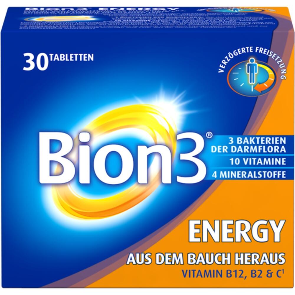 Blau-orange Verpackung von Bion3 Energy mit 30 Tabletten f&uuml;r Energie und Darmgesundheit.