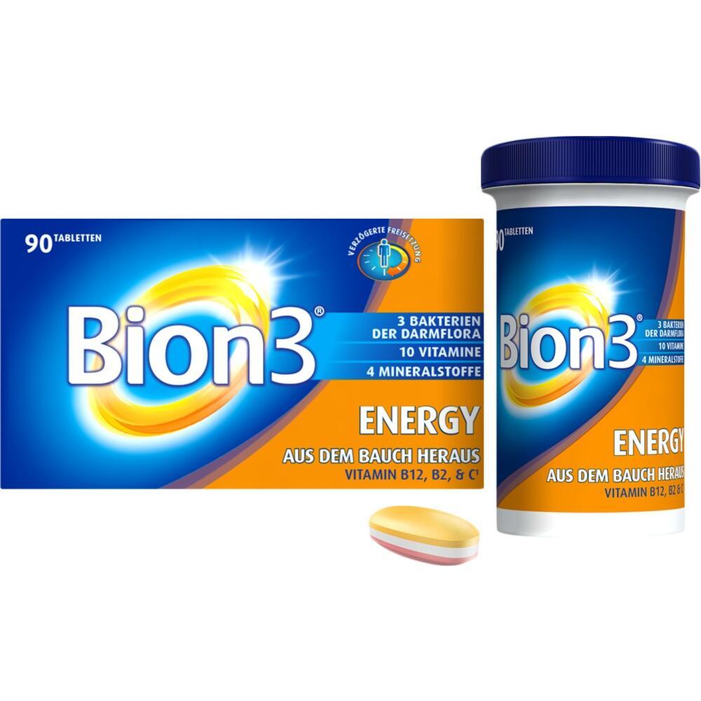Eine Packung Bion3 Energy Tabletten und ein Tablettenbeh&auml;lter stehen nebeneinander.
