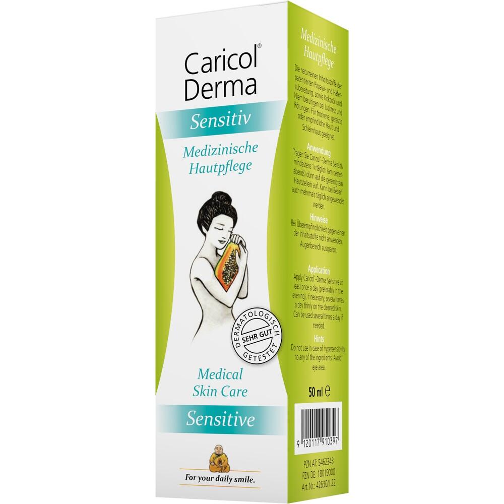 Eine Verpackung von Caricol Derma Pflegecreme mit einer Zeichnung einer Frau und Papaya.