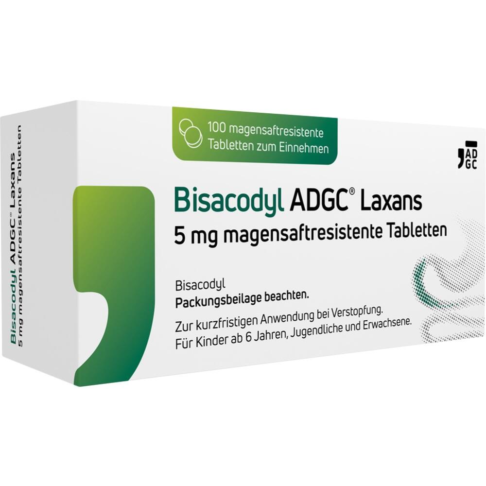 Verpackung von Bisacodyl ADGC Laxans, 5 mg magensaftresistente Tabletten.