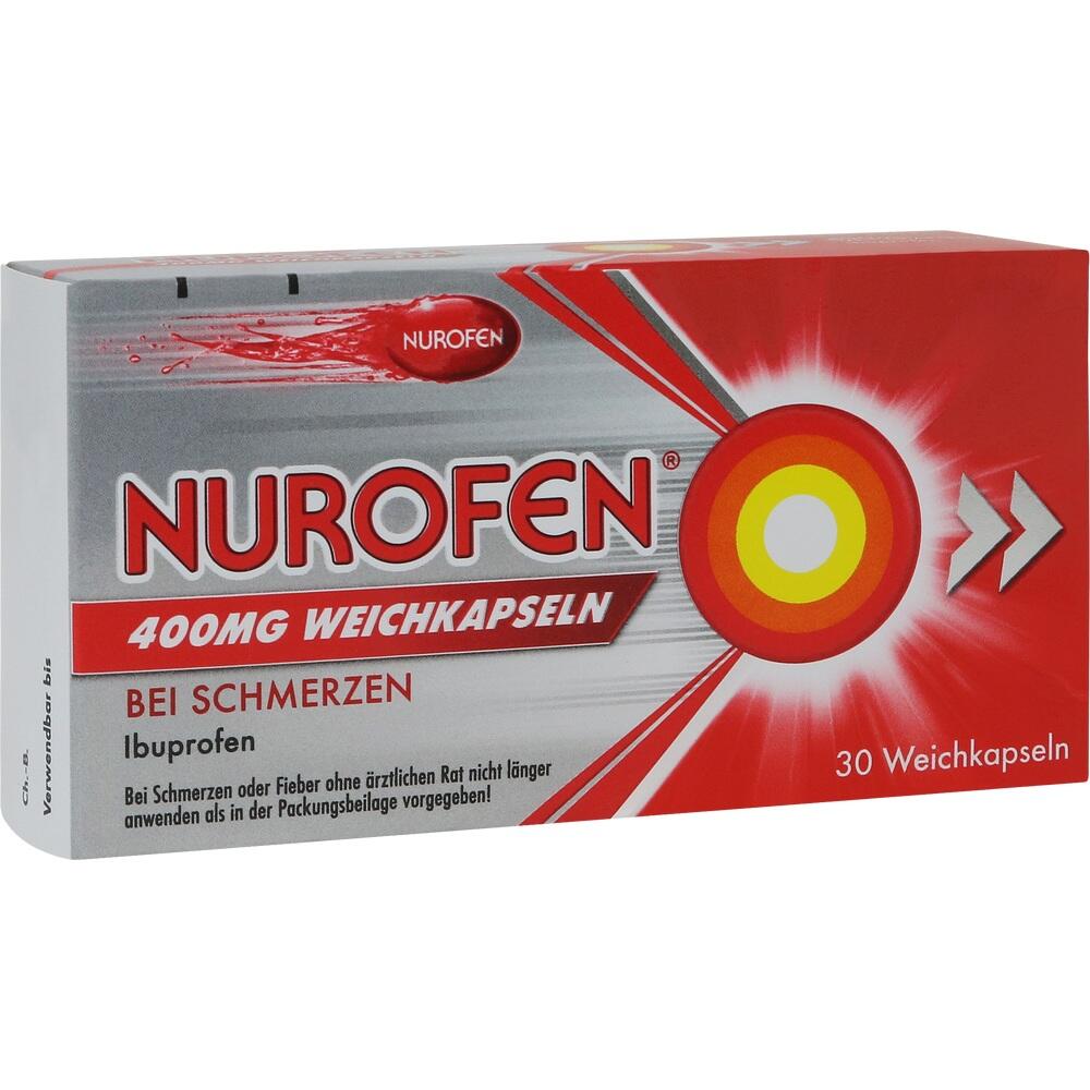 Packung Nurofen 400 mg Weichkapseln gegen Schmerzen.
