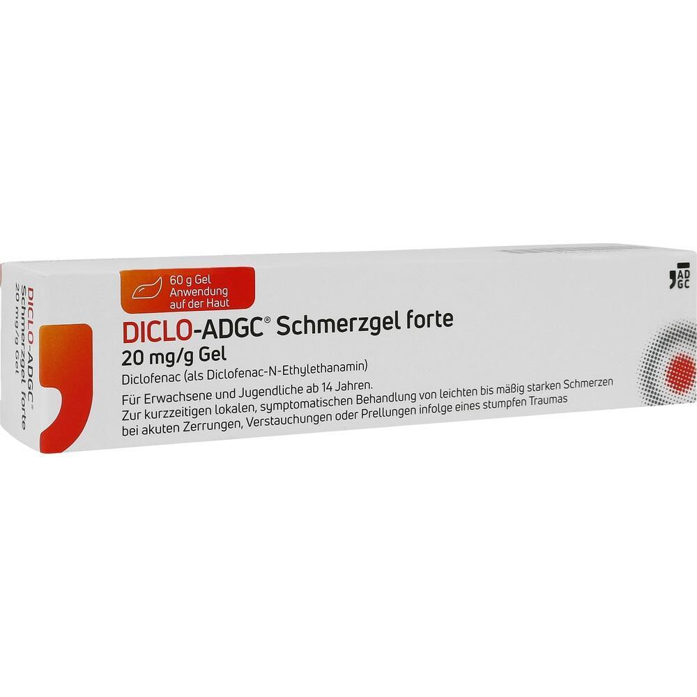 Wei&szlig;e Verpackung von Diclo-ADGC Schmerzgel forte mit rotem und schwarzem Text.
