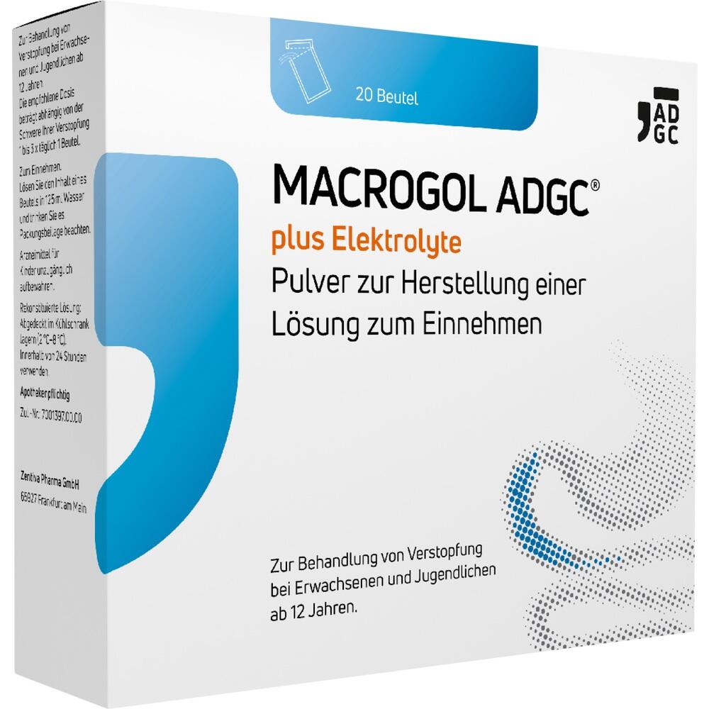 Wei&szlig;e Verpackung von Abf&uuml;hrmittel mit der Aufschrift "MACROGOL ADGC plus Elektrolyte".