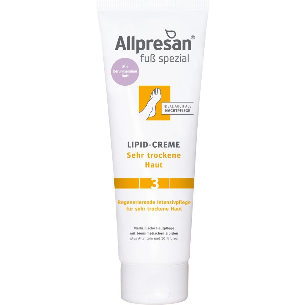 Weiße Tube Fußcreme für sehr trockene Haut mit orange-gelbem Design.