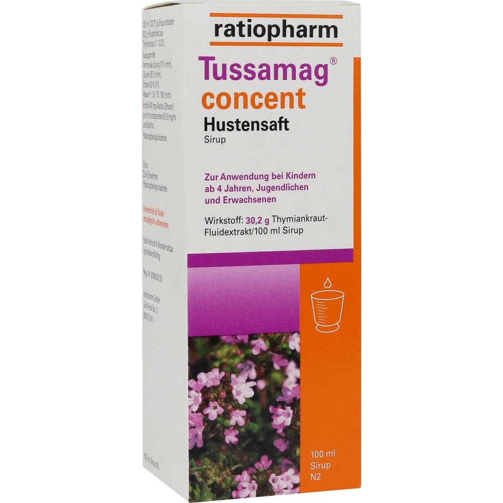 Wei&szlig;e Packung mit orangem und violettem Text: Ratiopharm Tussamag Hustensaft.