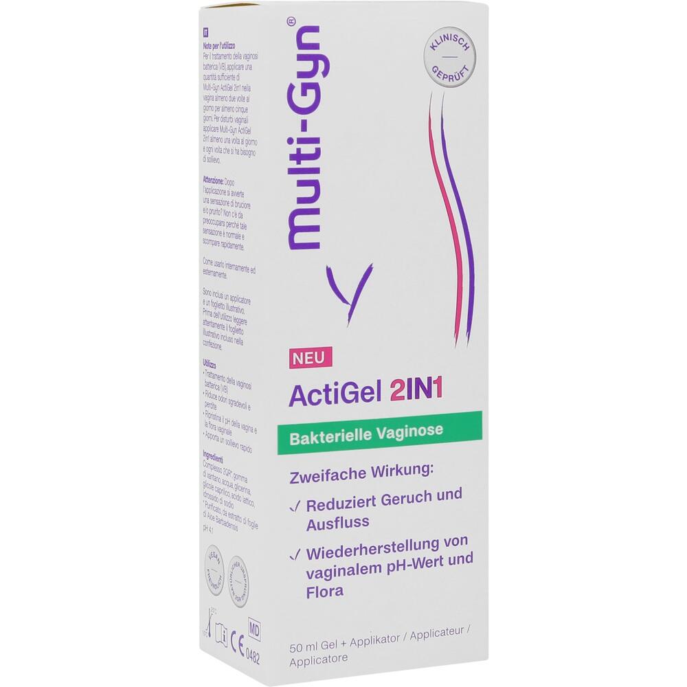 Wei&szlig;e Verpackung von Multi-Gyn ActiGel mit lila und gr&uuml;ner Schrift.