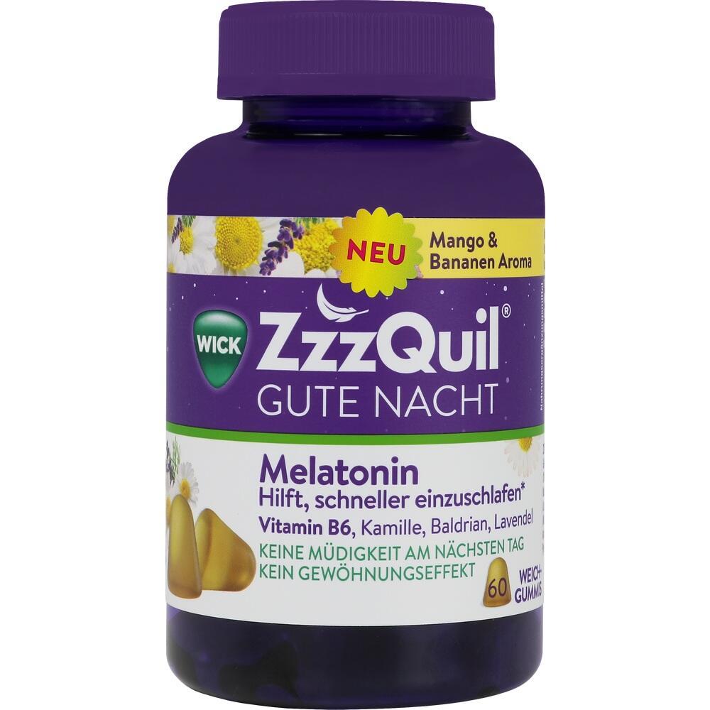 Lila Dose mit Melatonin-Schlafgummis, Mango-Bananen-Aroma und Relax-Hilfen.