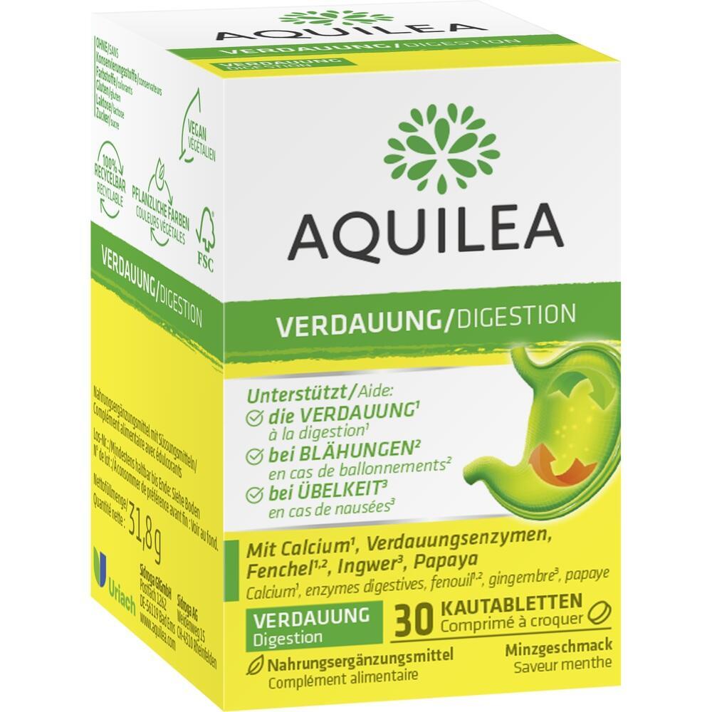 Verpackung von Aquilea Verdauungstabletten mit Informationen zur Unterst&uuml;tzung der Verdauung.