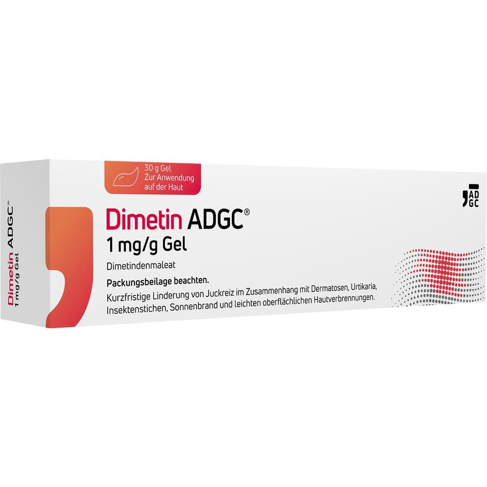 Eine rechteckige Schachtel zeigt das Produkt "Dimetin ADGC" Gel zur Hautanwendung.