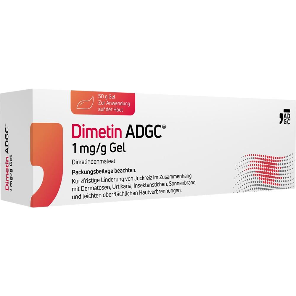 Wei&szlig;e Arzneimittelverpackung f&uuml;r Dimetin ADGC 1 mg/g Gel gegen Juckreiz.