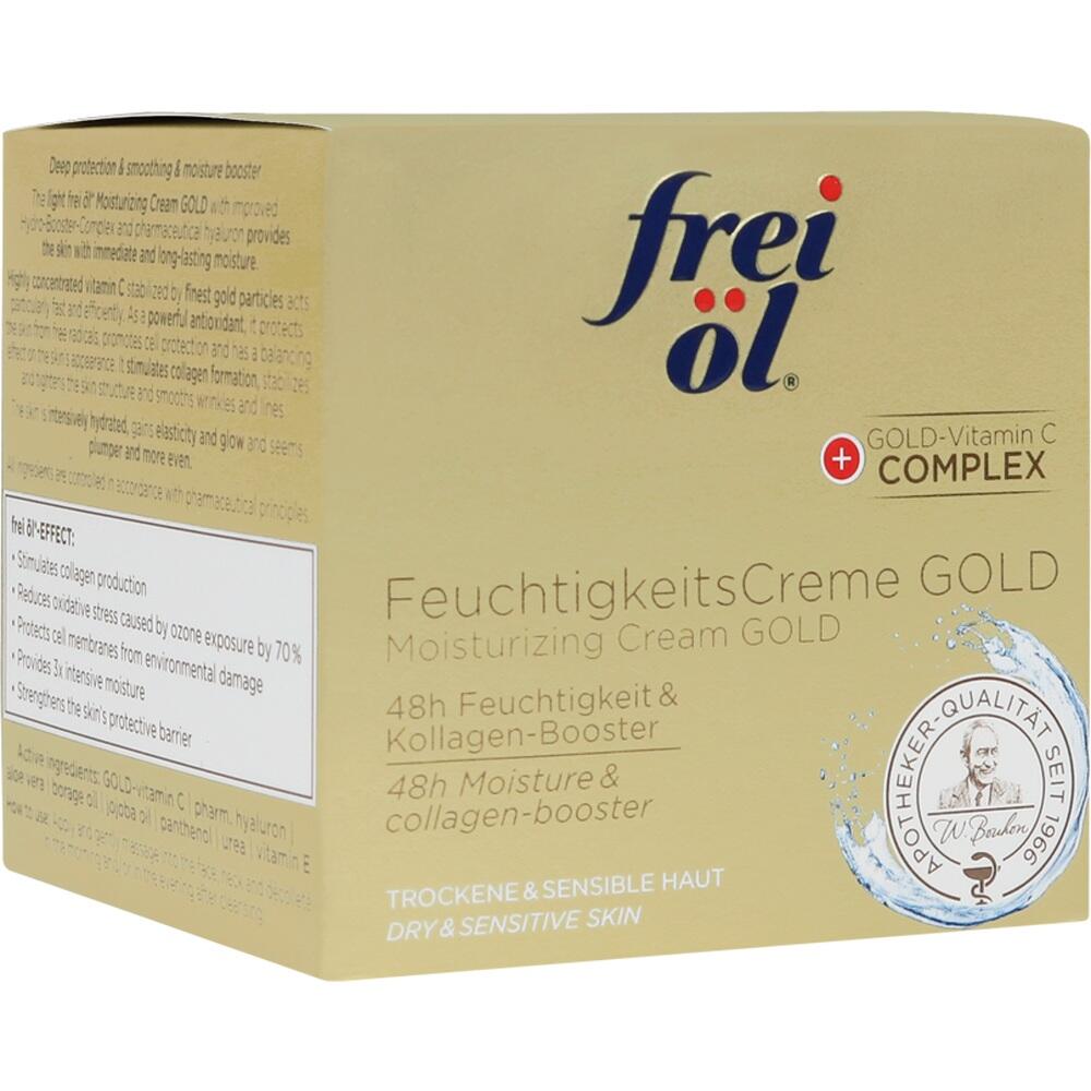 Eine goldene Verpackung mit Feuchtigkeitscreme f&uuml;r trockene Haut.